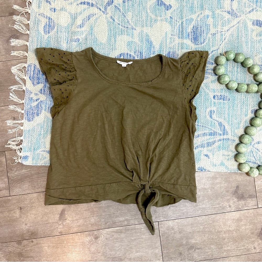 Jane + Delancey Olive Green Tie-Front Flutter Sleeve Cotton Top Women’s Sz XL - Picture 8 of 8